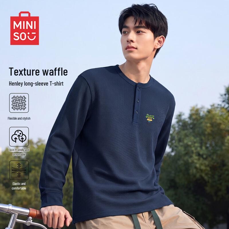 MINISO Waffle Knit Henley Long Sleeve Casual T-Shirt