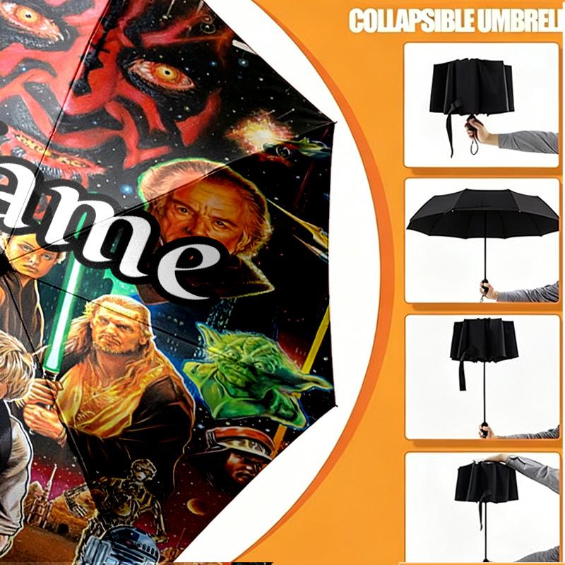 Custom Name Personalized Star Wars Print Umbrella, Auto Open Close, 8‑Rib Sturdy Frame, Commute Camping Hiking Use, Birthday Gift