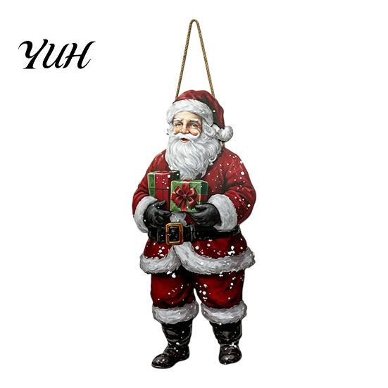Large Holiday Door Hanger Vintage Christmas Welcome Sign, Rustic Santa Claus Snowman Wooden Hanging Ornament for Shop Wreath, Farmhouse Decorative