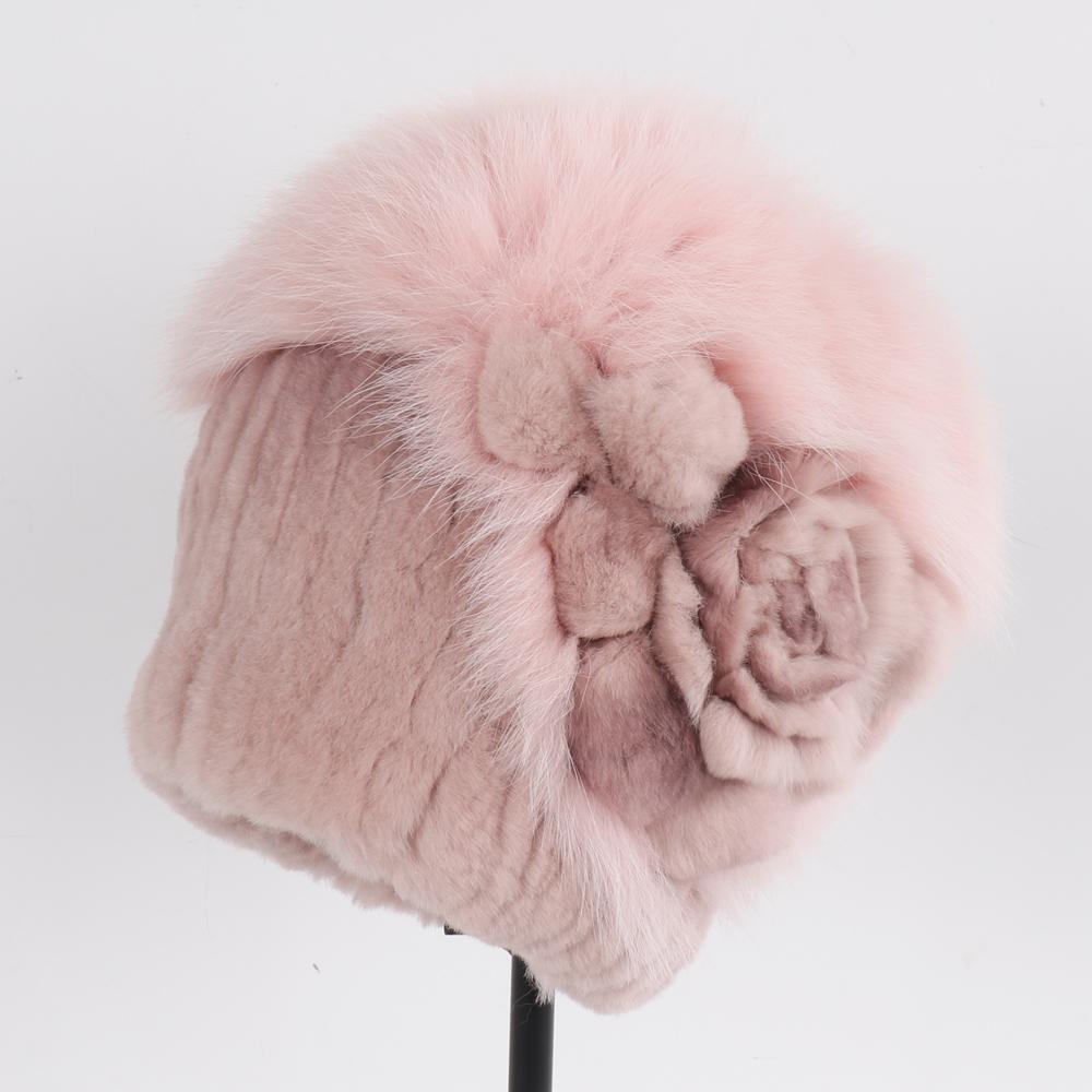 Luxury Warm Real Fox Fur Bomber Hat Female Winter Hand Knitted Real Rex Rabbit Fur Hats Women Outdoor Rex Rabbit Fur Flower Cap