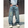 Вассап Американский бренд уличной моды Рваные джинсы для мужчин, Осенне-зимний свободный дизайн с прямыми штанинами, Выстиранные брюки широкого кроя