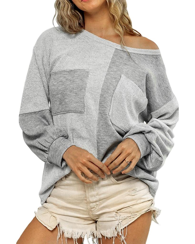 Azura Exchange Gray Contrast Patchwork Double Chest Pocket Top