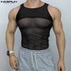Men Sleeveless Mesh Sheer Patchwork Fitted Party Club Tank Tops