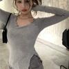 Long Sleeve T-shirts Women Fungus Line Irregular Hem Knitted Slender Autumn Bottoming Tees Chic Fashion Sexy Solid Ulzzang New