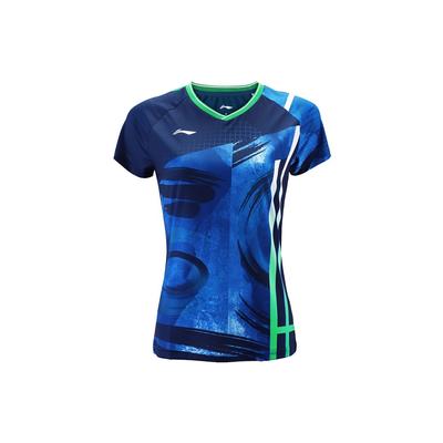 Футболка Li Ning Badminton Series для женщин, повседневная спортивная, дышащая, быстросохнущая, с коротким рукавом, цвет Guangdong-Blue AAYR194-1
