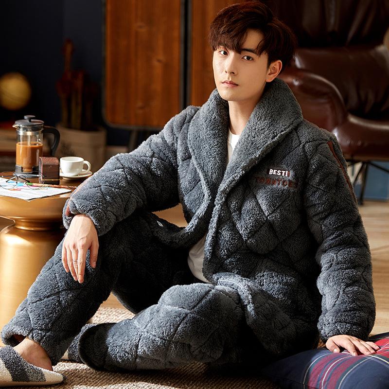 Men's Winter Hooded Quilted Pajama Set: Thick, Plush, Large Size Flannel Jacket