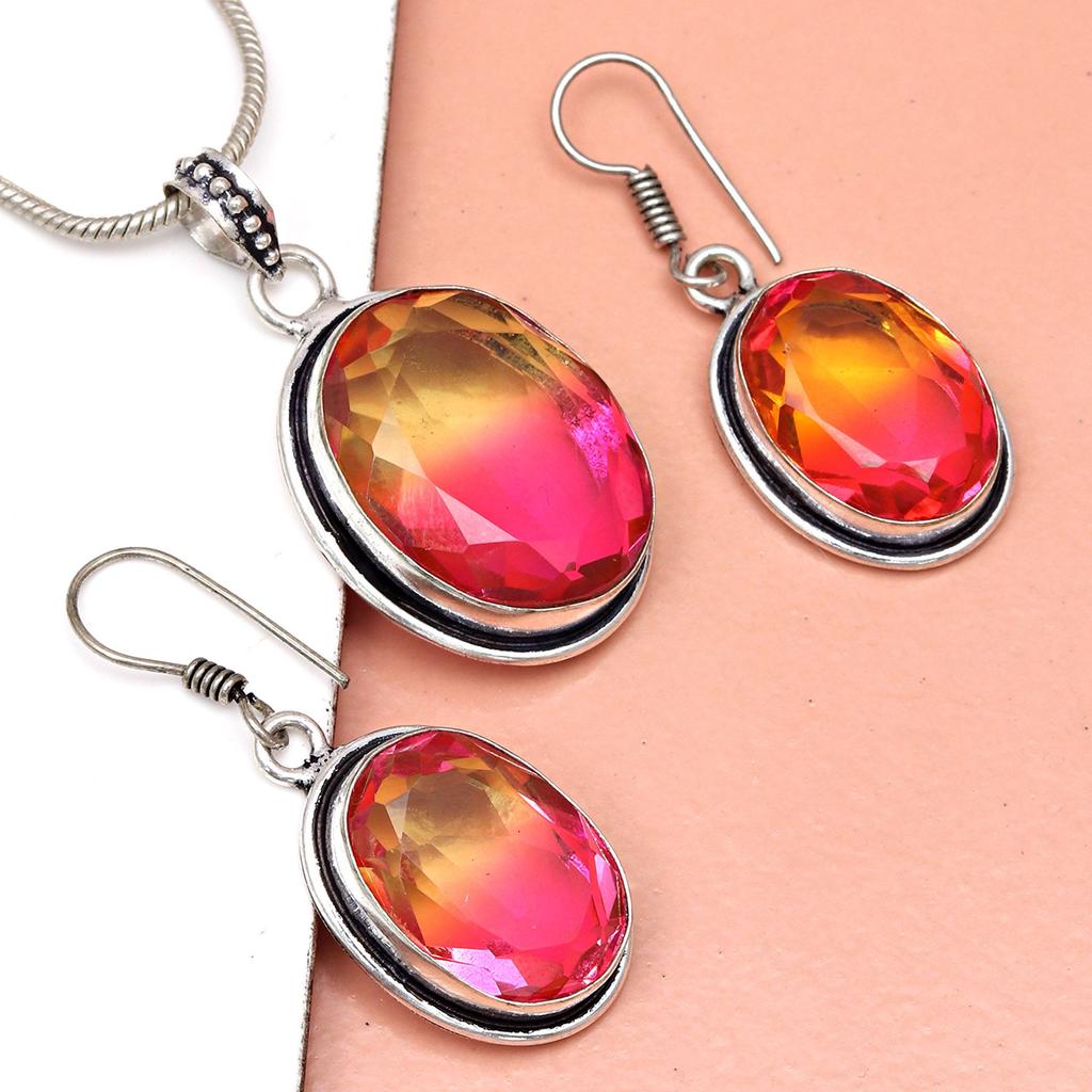 Турмалиновый комплект из драгоценных камней, подарок на свадьбу, двухцветный кулон, серьги, кольцо