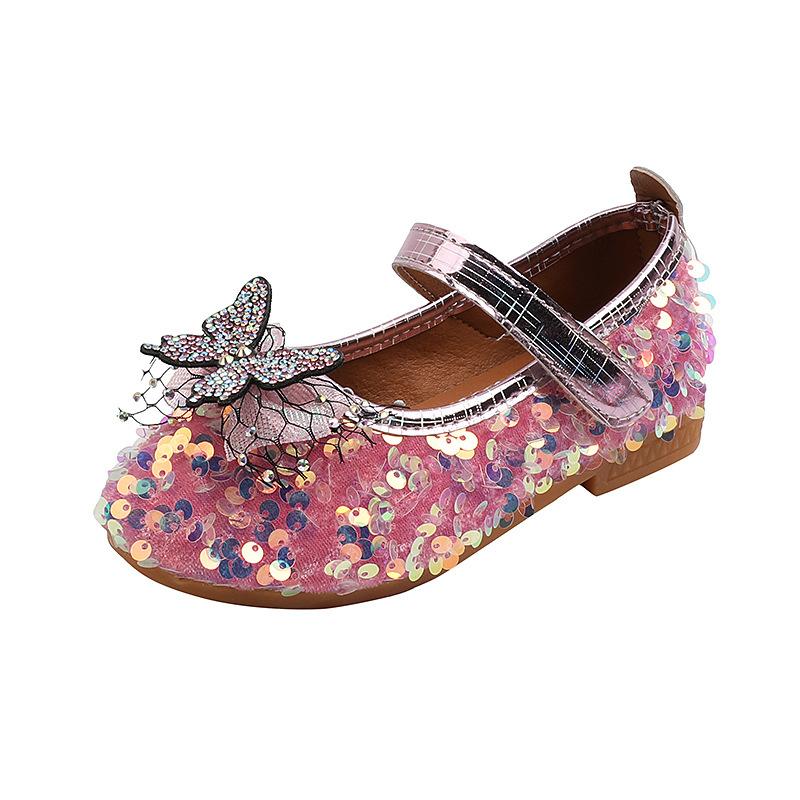 Princess Girls Sequins Bling Leather Shoes Lightweight Butterfly Rhinestone Boutique Party Dance Flats Toddler Baby Dress Shoes