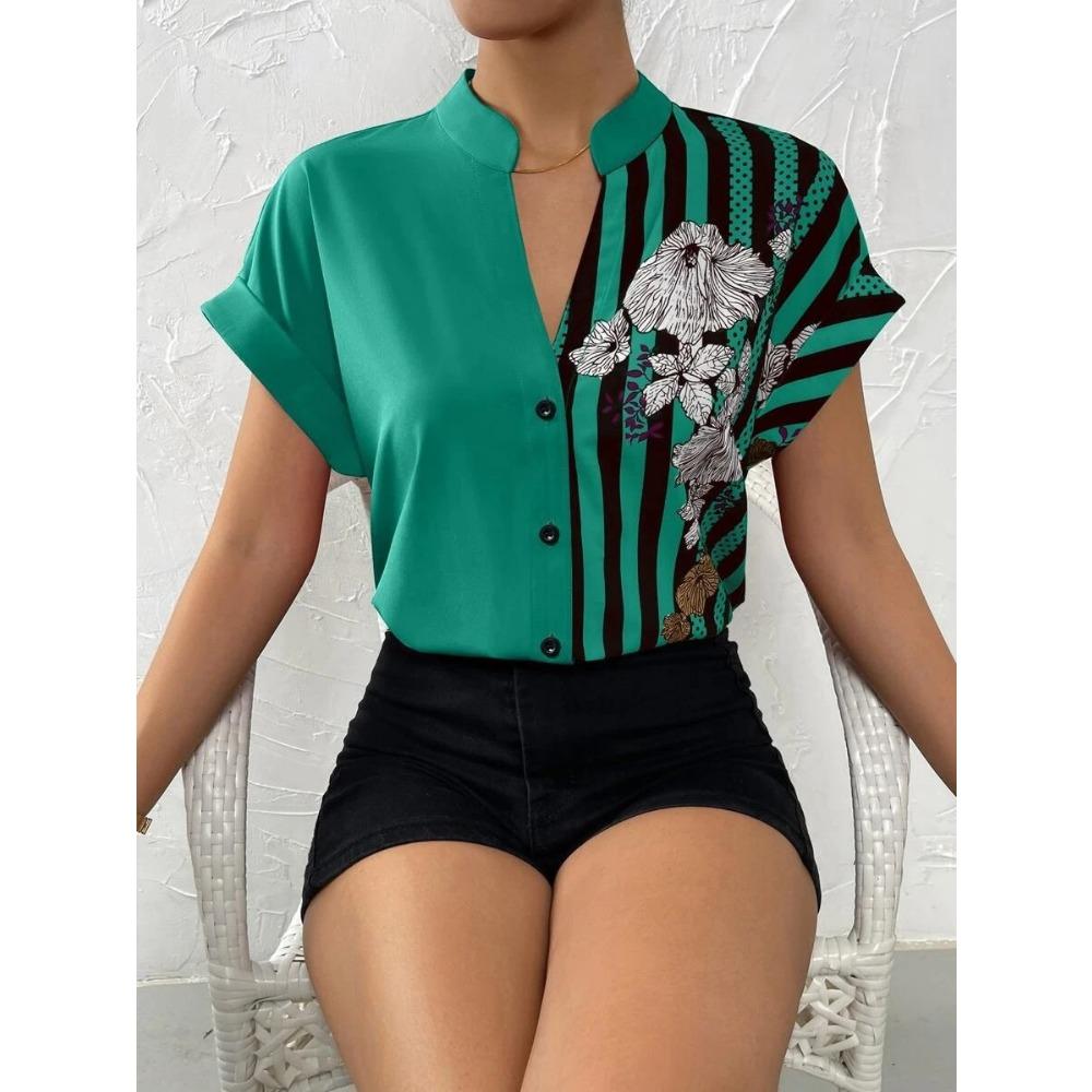 GMXIA Летняя женская повседневная рубашка с полуоткрытым воротником и модным принтом в стиле пэчворк