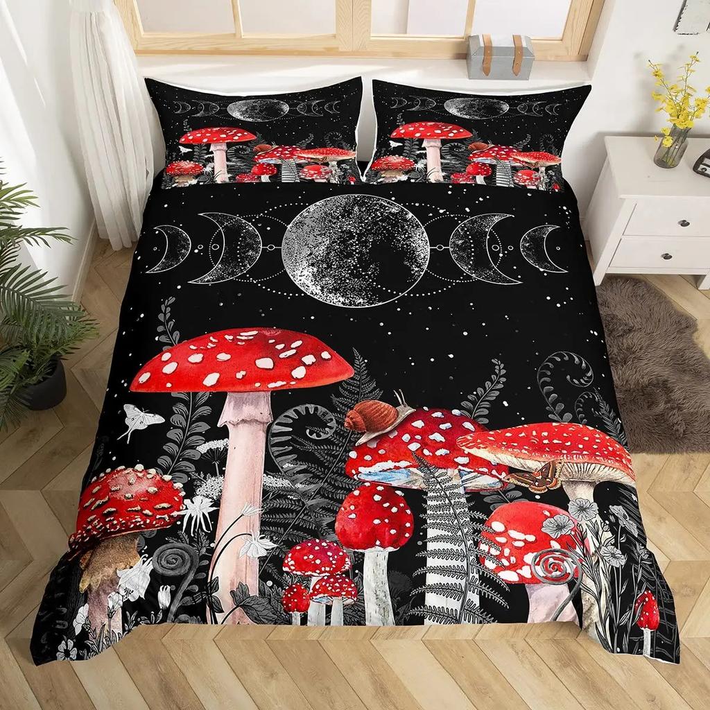 Mushroom Duvet Cover Set Burgundy Plant Fallen Leaves Bedding Set 2/3pcs For Boys Snail Print King Size Soft Comforter Cover