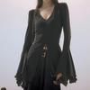 Футболки Goth Dark Fairy Grunge с расклешенными рукавами и V-образным вырезом, готические, с разрезом, сексуальные, с салатовым подолом, женские блузки Y2k, черные, тонкие, модные, альтернативные топы
