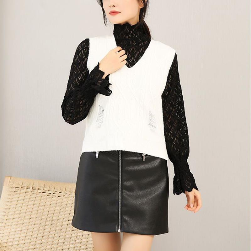 Qooth Женская рубашка с кружевной подкладкой и половиной высокого воротника, элегантная винтажная рубашка с сетчатым низом и длинным рукавом QT1993