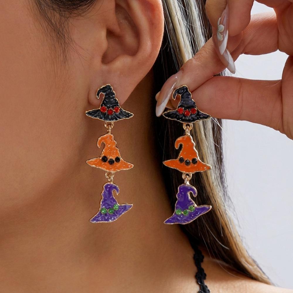 Zircon Pumpkin Ear Studs Crystal Long Tassel Drop Earrings Witch Hat Dangle Earrings Cosplay
