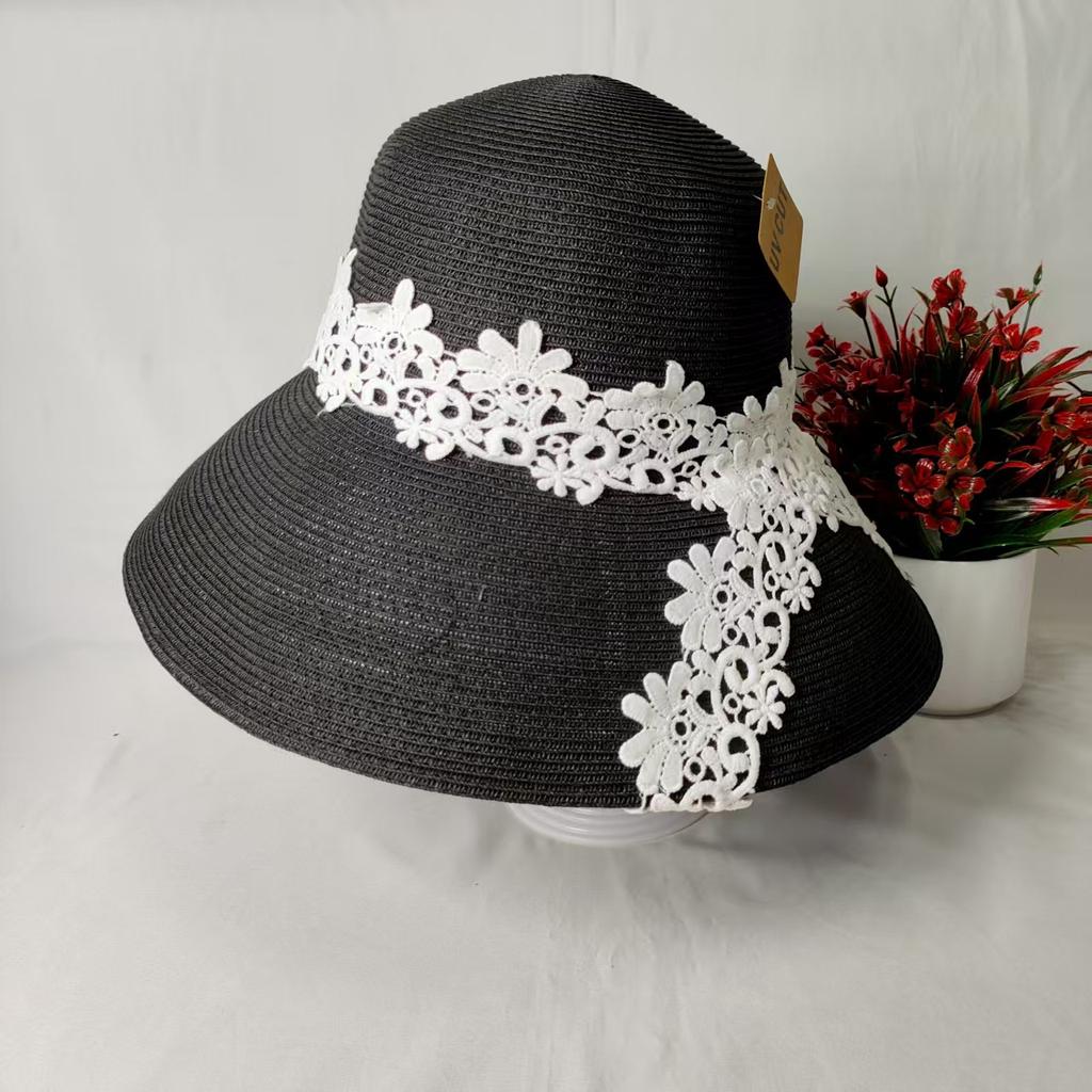 Summer new Internet celebrity straw hat female sunshade sunscreen lace basin hat herringbone knot small fresh bucket hat big eaves