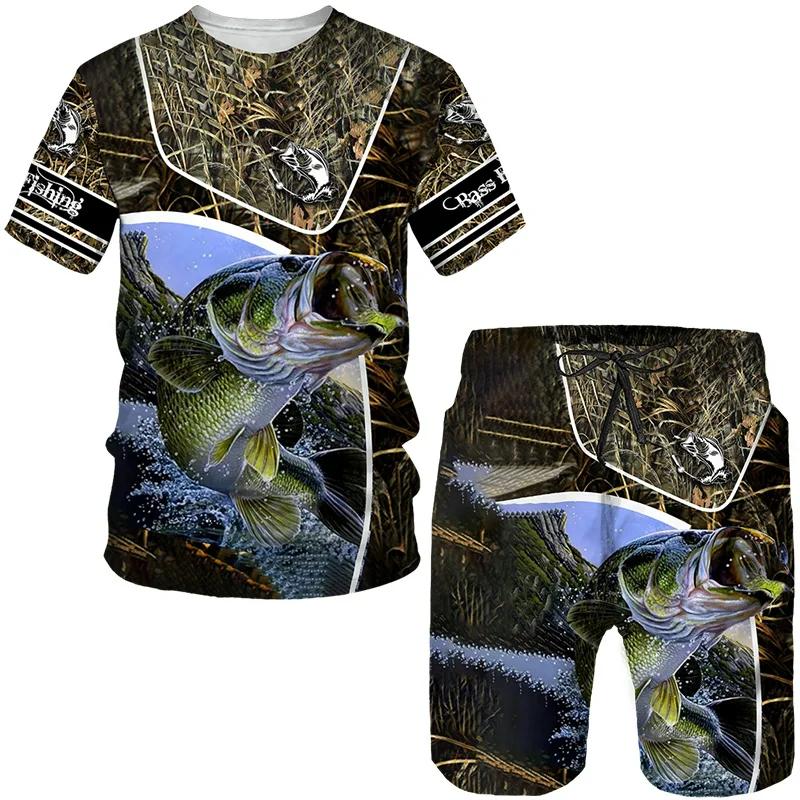 Summer Carp Fishing Pattern Men's T Shirt+Shorts 2PCS Outfits Casual Shorts Sets 3D Print Oversized Man Clothes O-Neck Tracksuit
