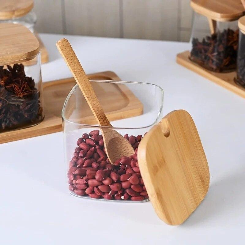 3pcs Set Glass Seasoning Jars with Bamboo Lid Spoon and Storage Tray Salt Sugar Spices Food Storage Container Kitchen Oraganizer