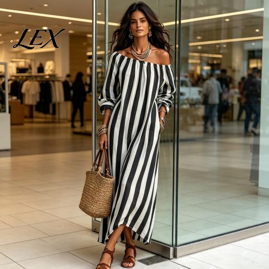 Lightweight Polyester Dress Summer Women Striped Long Dress, Off Shoulder Sleeve Casual with Side Pocket Ankle Length Loose Swing Beach