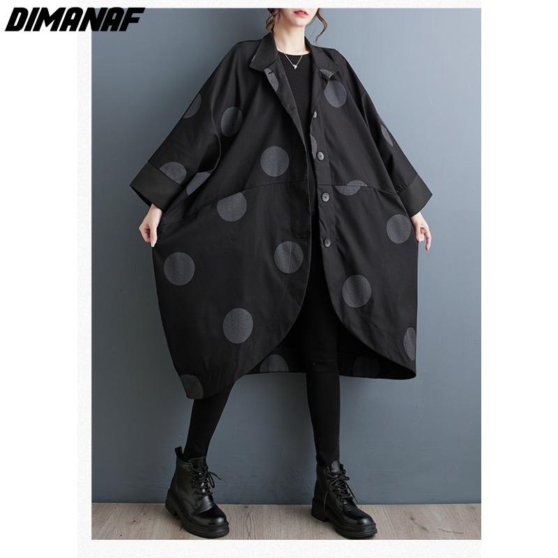 DIMANAF Большой размер Длинный тренч с винтажным принтом в горошек и рукавами «летучая мышь» на осень/зиму 2023