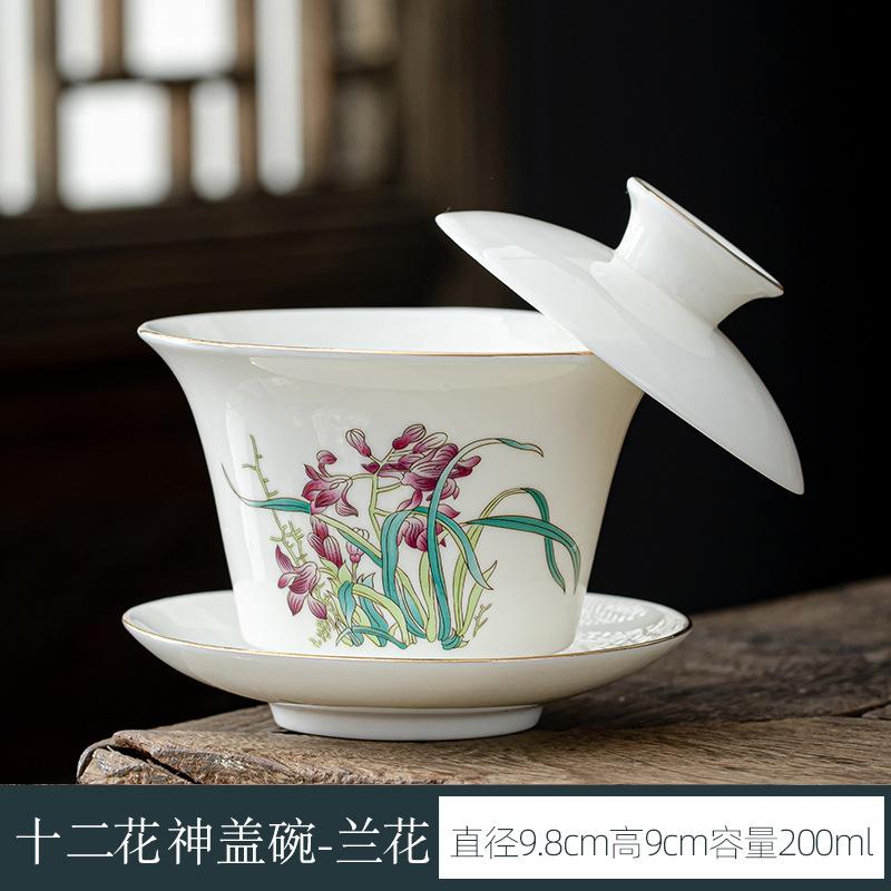 Twelve Flowers God Hover Suet Jade Sancai Gaiwan Tea Master Cup Household Ceramic Kung Fu Tea Set Teacup Gold Painted