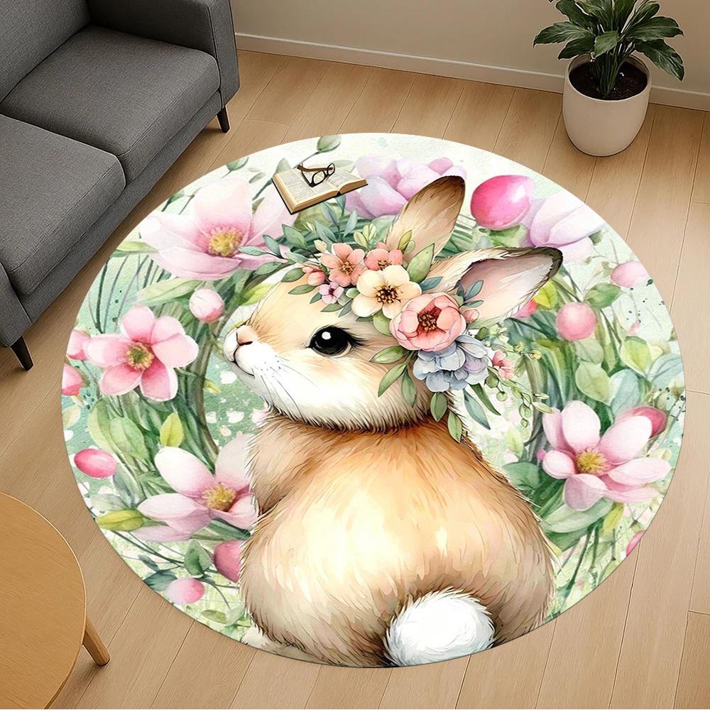 1pc rabbit flower Round Chair mat office Area Rug - Non-Slip, Floor Mat for Office, Bedroom, Ideal home decor gift c0112081