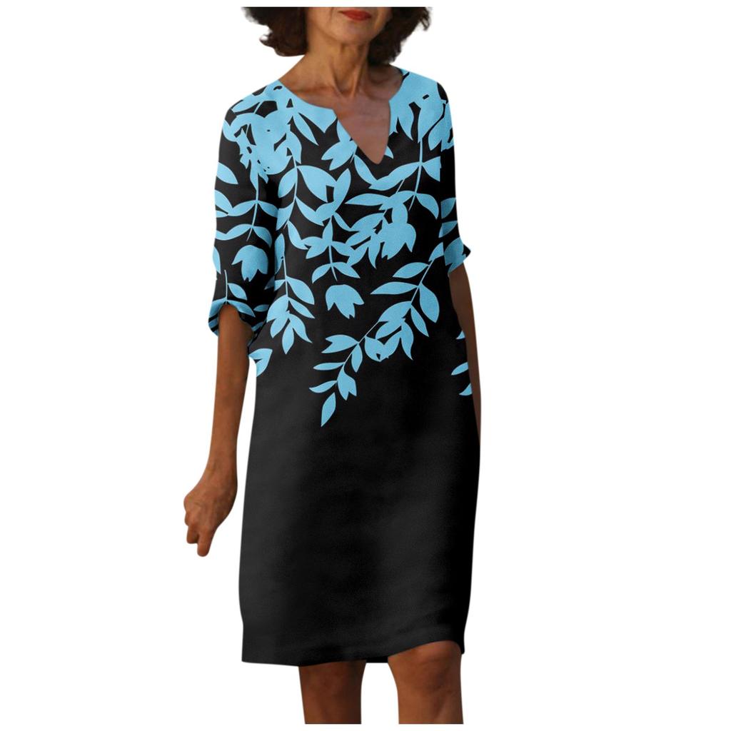 Women's Summer Casual Vintage Floral Leaf Print V-neck Half-sleeve Dress