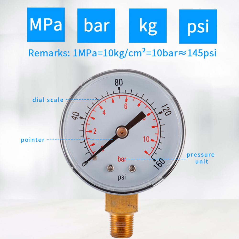 TS-Z53 Water Pressure Gauge Dual Scale Gas Pressure Gauge 0-160 PSI/0-11 Bar Test Range Oil Pressure Gauge