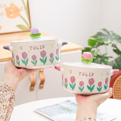 Миска для лапши быстрого приготовления Tulip с крышкой, керамическая миска для супа и риса, студенческое общежитие, миска для лапши быстрого приготовления, миска для фруктового салата
