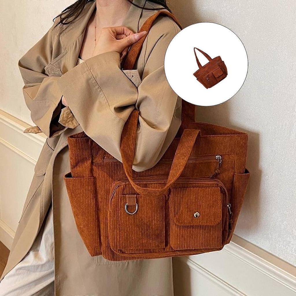 Women’s Corduroy Underarm Handbag Multi Pocket Storage Lightweight Commuters Bag For Office Travel Essential White
