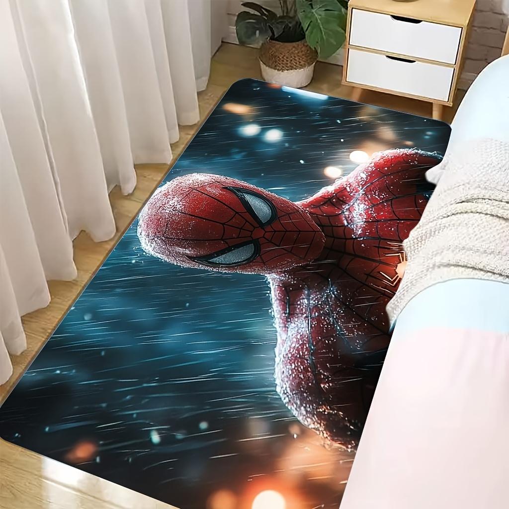 Authorized 1pc Cartoon Printed Mat, Red And Black Spider-Web Battle Suit Hero Standing in City Lights in Rainy Night, Easy to