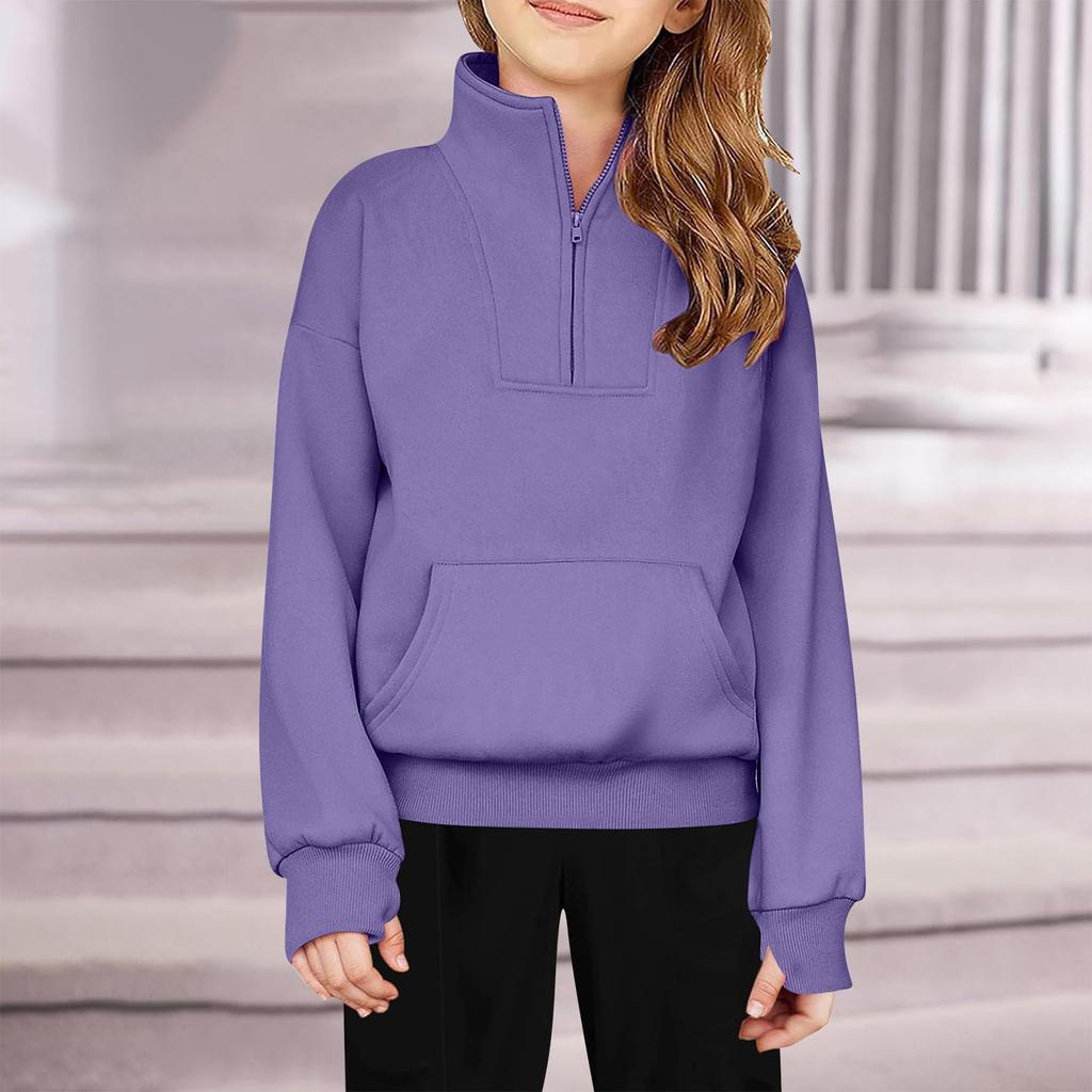 Children's Half-Zip Fleece Pullover Sweatshirt For Girls - Solid Color Hoodie
