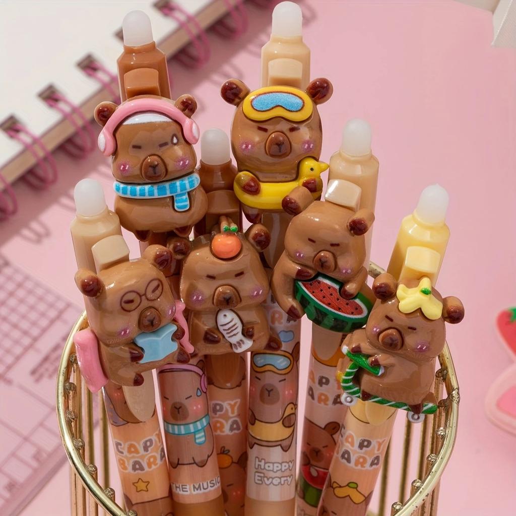 Набор из 6 милых гелевых ручек-автоматов с капибарами, пластиковые, со средним пишущим узлом 0,5 мм, для студентов, офисных работников, любителей животных