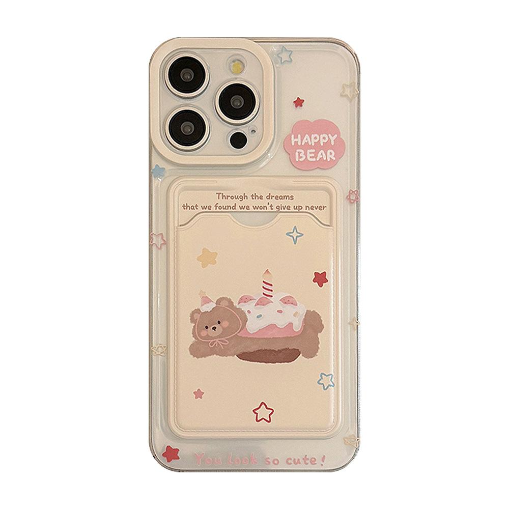 Korean Style Bear Cake Card Bag Suitable for Apple 15promax Mobile Phone Case IPhone 14 Transparent Full Package