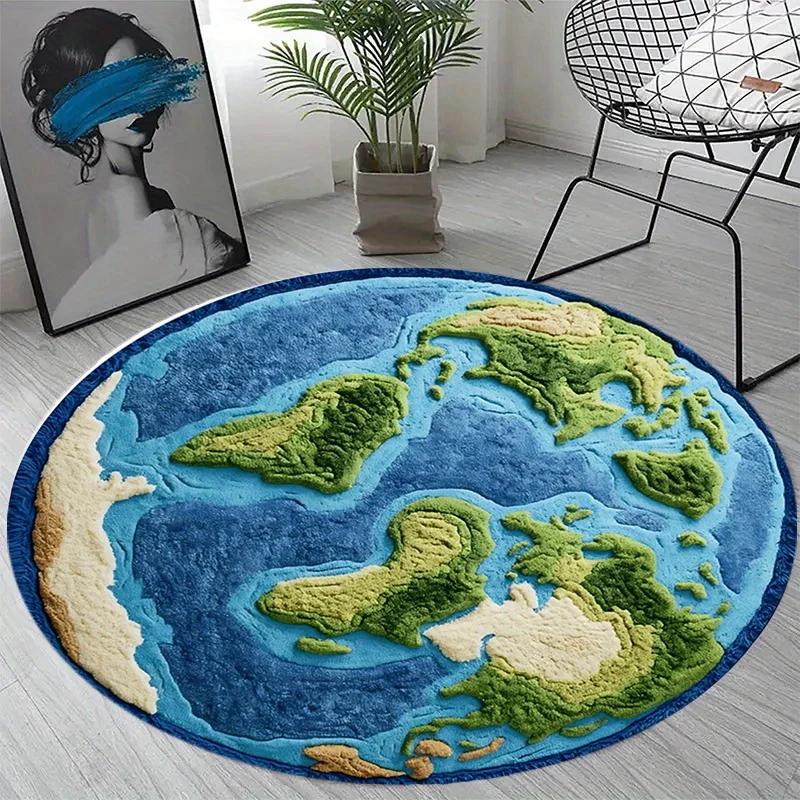 Globe Design Plush Carpet, Round Soft  Sound-Absorbing Rug, Cozy Floor Mat for Bedroom, Study, Office Decor