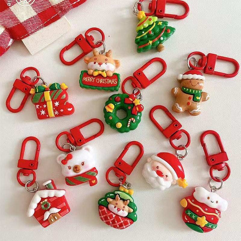 1PC Cartoon Shape Xmas Key Rings For Friends Key Holders Holiday Bag Pendants Part Resin Gifts Multiple Options Available