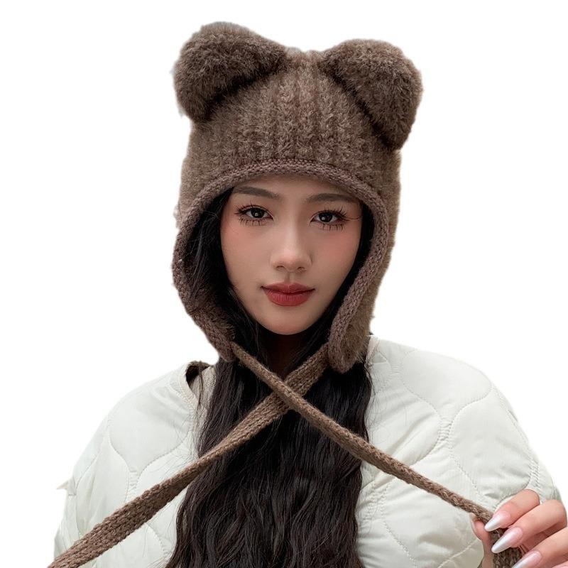 Новая шапка женская забавная ушка однотонная вязаная шерстяная шапка зимняя теплая плюшевая защитная шапка толстая