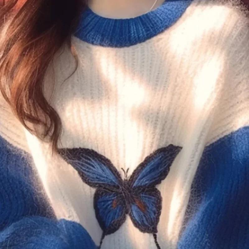 Женский контрастный синий свитер с длинными рукавами и круглым вырезом, вязаный свитер, свободный женский зимний топ с принтом бабочек