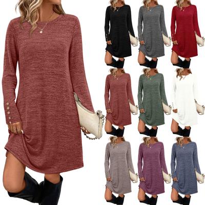 Женское модное повседневное платье с карманами, декоративными пуговицами, круглым вырезом, длинными рукавами, однотонное