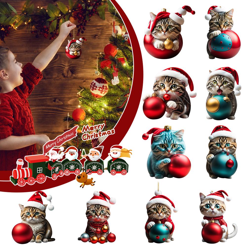 10pcs/set Christmas Tree Cat Ornament Super Cute 10 Cat Acrylic Hat Holiday Car Style Gift Orna U8L5