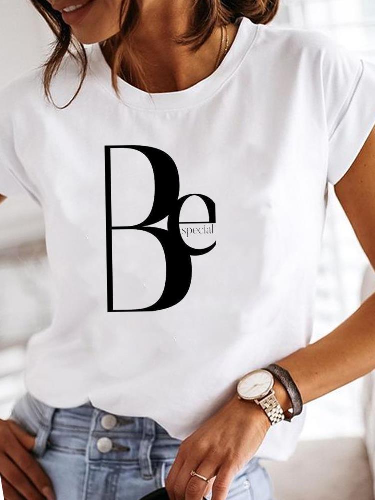 (Asian Size) Women Tee Top Clothing Watercolor Letter Sweet 90s Casual Short Sleeve Fashion Print Lady Tshirt Female Graphic T-shirts