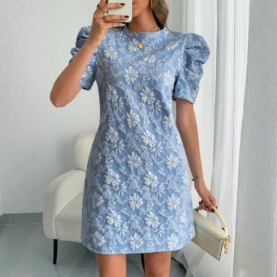 Женское фактурное жаккардовое платье с круглым вырезом и короткими рукавами-фонариками, платье А-силуэта, летние мини-платья с цветочным принтом, короткое вечернее платье