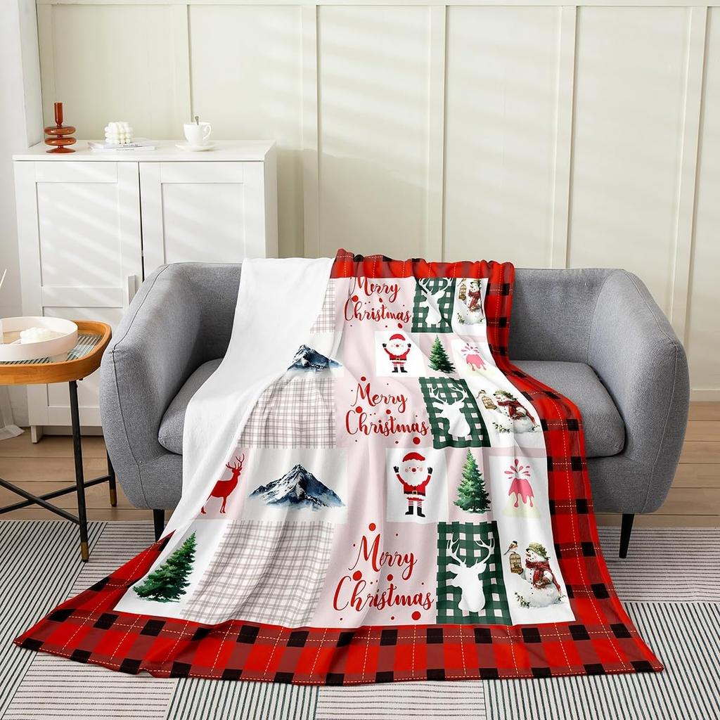 Xmas Grids Flannel Blanket Warm Lightweight,Merry Christmas Theme Warm Blanket for Couch Sofa Decor,Cartoon Santa Claus Warm