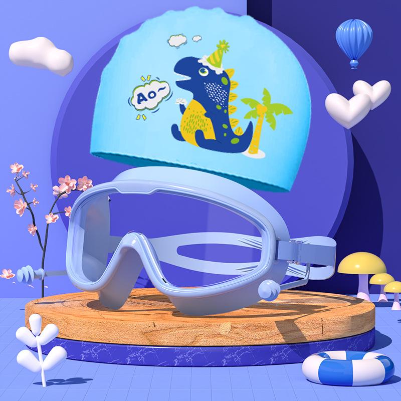 Комплект из очков и шапочек для плавания, детские очки с большой оправой, водонепроницаемые, противотуманные, для мальчиков и девочек, плавательные очки с рисунком, шапочка для купания