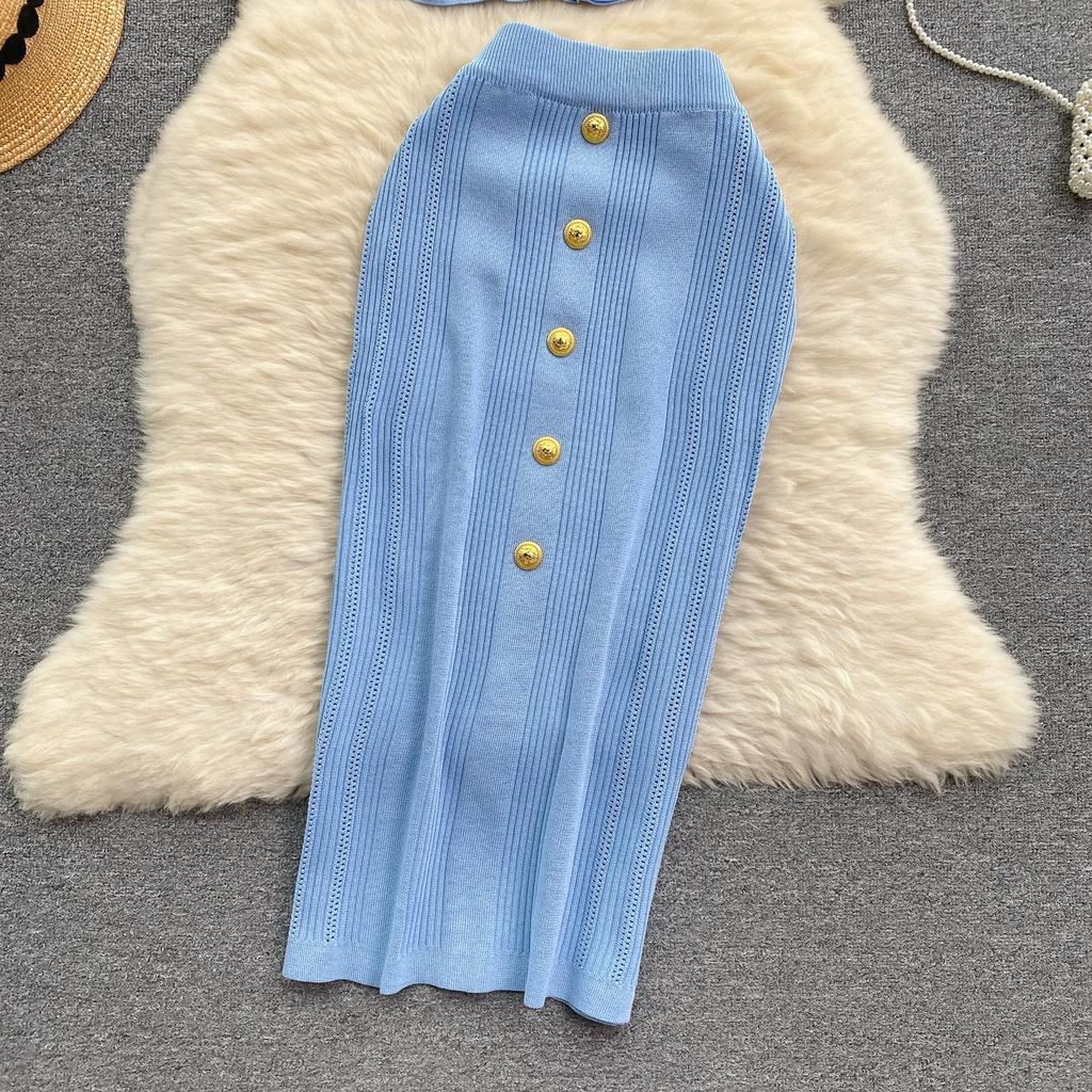 Summer Women Gold Button Knitted Sweater Outfits Short Sleeve Pullover Top and Midi Bodycon Skirt Two Piece Set