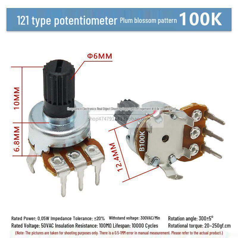 Type 121 Single Gang Rotary Volume Potentiometer with D-Type Knurled Half-Shaft, B10K/B50K/B100K, Vertical 3-Pin Through-Hole.