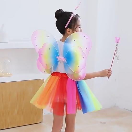 Children Skirt Set Headband Wand Simulation Butterfly Wings Elastic Waist Mesh A-line Skirt Princess Style Kids Party Dress Up Fairy Costume Set