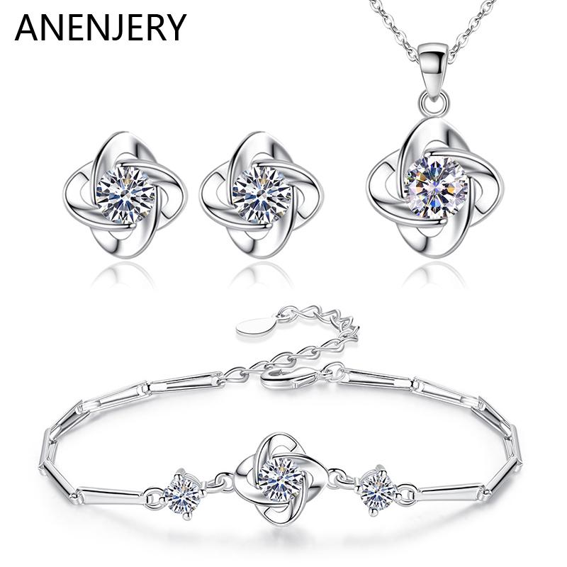 ANENJERY Модные серебряные ожерелья, серьги, браслеты, комплекты ювелирных изделий, элегантные ювелирные изделия с кристаллами и цирконием, женский свадебный комплект украшений