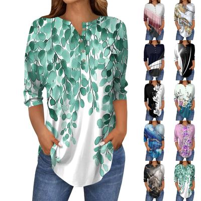 Женская свободная футболка с воротником на пуговицах и винтажным цветочным принтом, рукав три четверти