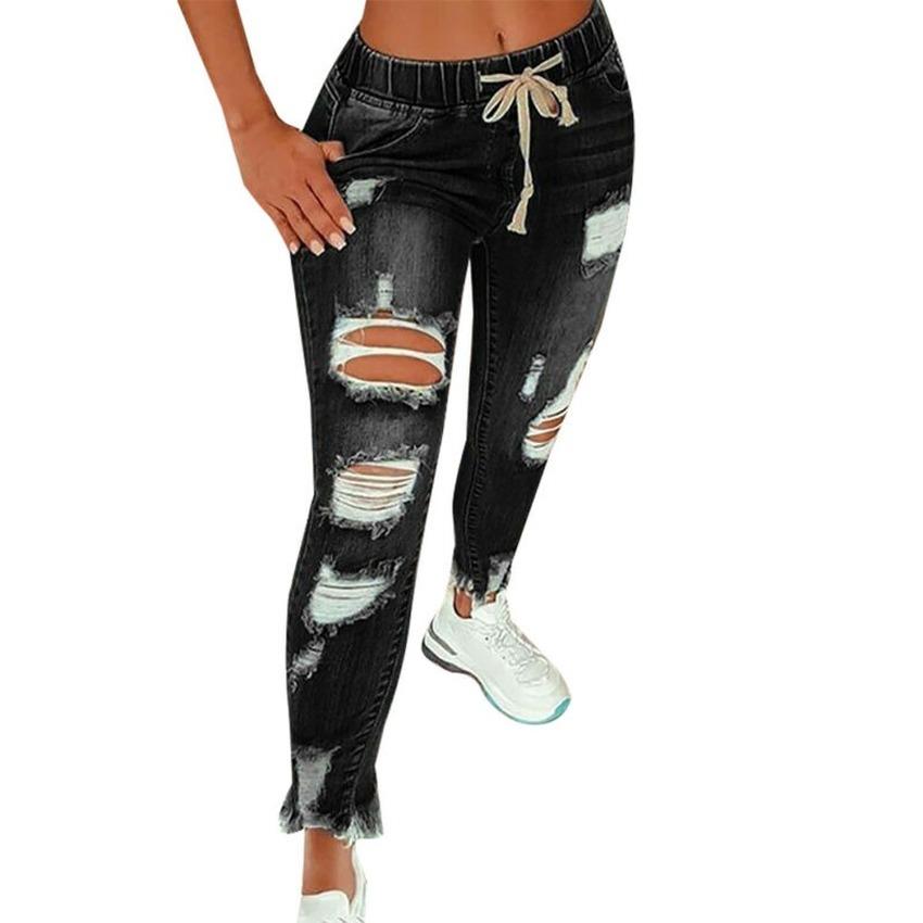 Женские джинсы с эластичной резинкой на талии и рваными тонкими женскими джинсовыми повседневными брюками