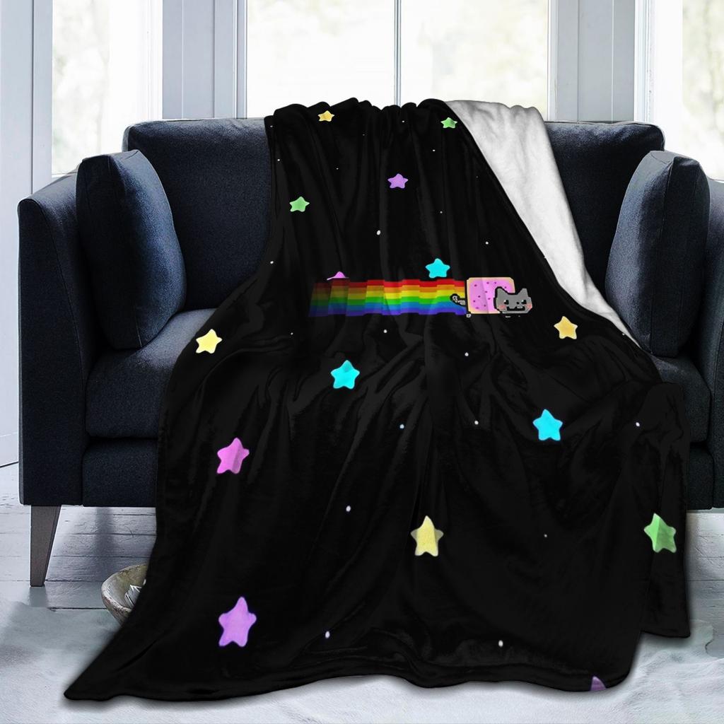 Cat Rainbow Pixel Space Nyans Blanket Flannel Textile Decor Multifunction Soft Throw Blankets for Bedding Couch Rug Piece