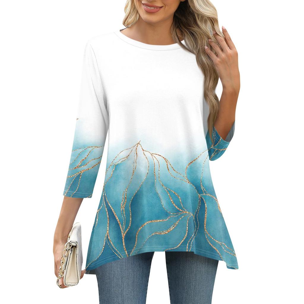 3/4 рукав туника топы для женщин принтованный повседневный выходной свободный крой модная базовая футболка с круглым вырезом